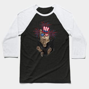 Cute Cat Kitten American Flag Happy 4th Of July Men Women Baseball T-Shirt